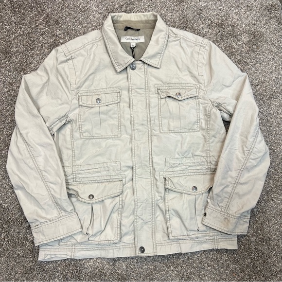 Calvin Klein Jeans beige utility jacket womens size L button zip up - Picture 1 of 16